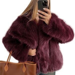 Plush Burgundy Faux Fur Coat